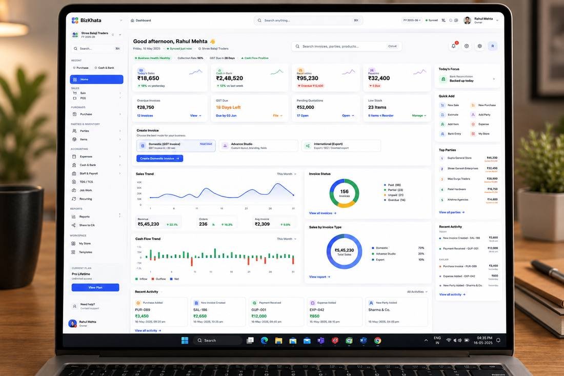 BizKhata dashboard showing sales trend, cash flow and GST due date