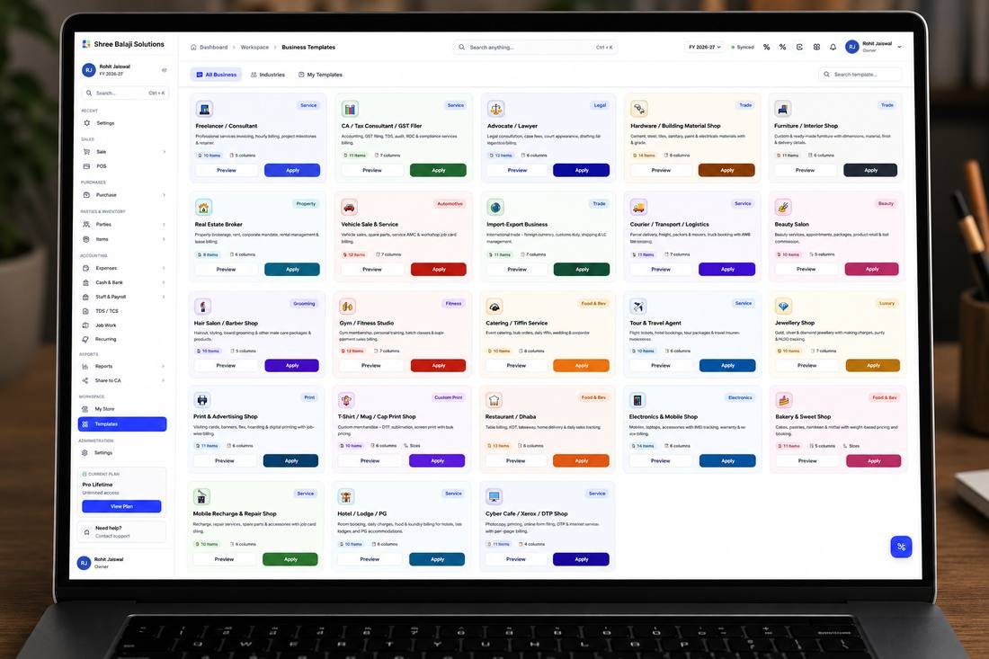 30 plus ready-made business templates screen in BizKhata